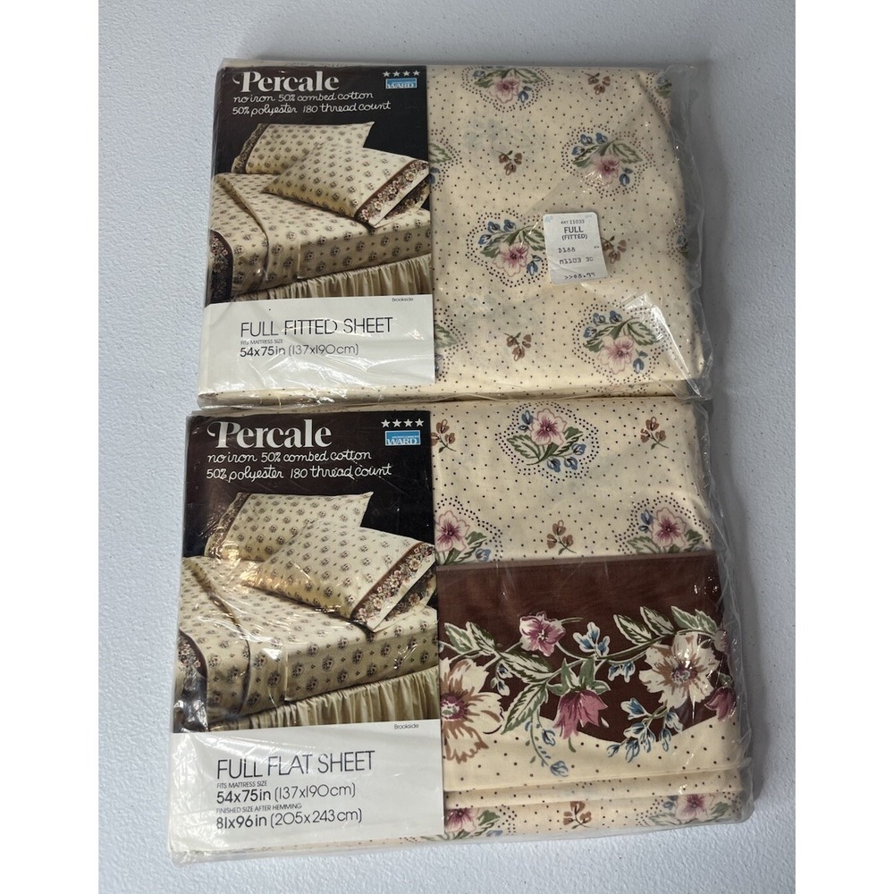 Vtg Montgomery Ward Full Size Flat And Fitted Sheets Floral Brookside Percale‎
